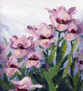 Şirin, gür, kır yaprağı, nilüfer çiçeği manzaralı el, pastel rengi, leylak rengi, aşk bitkisi, hayat dolu kart tarzı. Kırsal büyüme büyük açık kırmızı lale tomurcuğu vazosu mavi gökyüzü beyaz kağıt bulutu