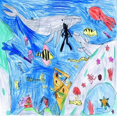 Şirin, soyut, derin su derinliği olan mercan kayalığı kaya taşı bitkisi, bitki sembolü, spor hobisi el, mavi pastel resim çizimi. Vahşi dünya çizgi film yıldızı yüzgeçli manzara