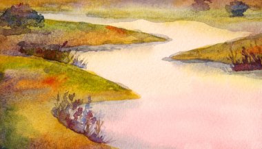 Elle çizilmiş pembe boya sanat eserleri kırsal arazi bataklığı kurak bitki günbatımı aydınlık güneş ışığı kağıdından metin alanı sessiz eski sis bulutu, yağmur, dağ yamacı sanat eseri manzarası