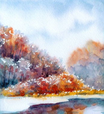 Parlak el çizimi resim çizimi, hafif kağıt kapaklı arka plan metin alanı. Sakin mavi renk sürükleniyor kuru baston çalılar bitki dalları kış zamanı rime sahne buzlu yeni yıl dere kıyısı sahnesi deniz kıyısı manzarası