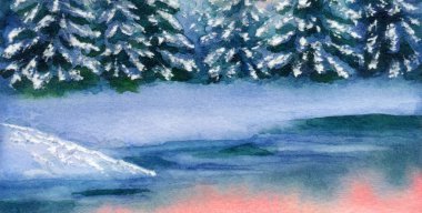 Parlak pembe bir el Alacakaranlık Cenneti sahnesi arka plan kağıdı gece mesajlaşması kartı çizdi. Sessiz sakin manzara. Açık mavi çalı vadisi, tarla, buzlu dere suyu.