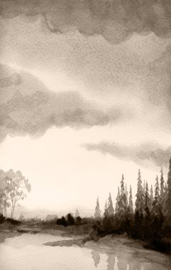 El çizimi parlak, aydınlık, kağıt, vadi, alacakaranlık, arka plan, karanlık, sisli, yağmur dumanı, deniz kıyısı manzaralı çalı, çalı, çalı ağacı, dere yolu sahnesi.