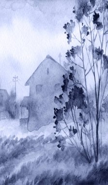 El çizimi, açık kırmızı boya, sisli bahar yağmuru, kırsal çim biçme, orman manzarası. Sakin alacakaranlık sisi dökülüyor yabani odun çalıları bitki dalları eski şehir eski şehir villa barakası manzarası manzarası