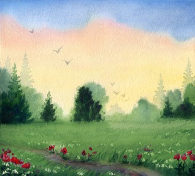 El çizimi açık kırmızı boyalı kuş resmi çizimi vadi çim biçme sahnesi sahne kağıdı metin arkaplanı. Pembe renk, sisli bozkır, sis dumanı, çalılar, çalı ağaçları manzaralı yollar.