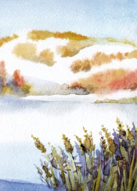 Parlak el, suluboya taze sonbahar bahçesi bulutu serin bahar günü sahne arkası kâğıdı açık renk boya sanat eserleri. Çalı çırpı vadisi kırsal sakin, nemli, buzlu, yeni yıl dere kıyısı manzaralı.