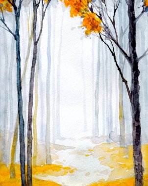 Elle çizilmiş ressam suluboya, sisli kağıt, metin arkaplanı. Siyah renk boya, buzlu kırmızı fırça tarzı sisli kırsal çalılık manzaralı. Sakin eski dal soluk avlu çizim sahne