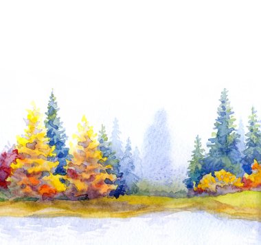 Canlı bir el çizimi akvaryum taze çimen güzellik sahnesi kağıt metin arkaplanı. Parlak kırmızı turuncu renkli boya çalılık sakin, serin hava günü. Manzaralı dere körfezi sahili kırsal arazi manzarası