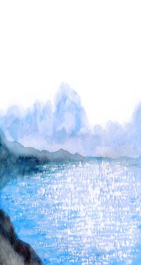 Elle çizilmiş akvaryum boyası sakin, serin, taze bahar ışıltısı gölet dağı ufku sahnesi. Kağıt kart metin alanı arka plan eski tarz tasarımı. Mavi renk yağmur, cennet, vahşi vadi, tatil manzarası.