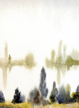 El çizimi suluboya resim çizimi kağıt metin alanı. Kırsal sakin çalı çalısı, çalı tarlası, dere yatağı, sel, yağmur manzarası. Serin bahar sisli sonbahar kumsal eski sanat eserleri sahnesi