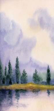 Kağıt arkaplan arkaplanına parlak suluboya resim çizimi. Açık pembe renk cenneti. Karanlık, sakin kırsal çayır, sisli deniz manzarası. Çalı bitkisi sis deresi koyuna yansıyor