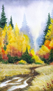 Kağıt desenli arkaplana elle çizilmiş suluboya resim. Taiga nemli sis günü manzaralı bulutlu manzara üzerine metin uzayı. Parlak kırmızı turuncu renk yabani çimen bitkisi kara akrilik Rusya manzarası