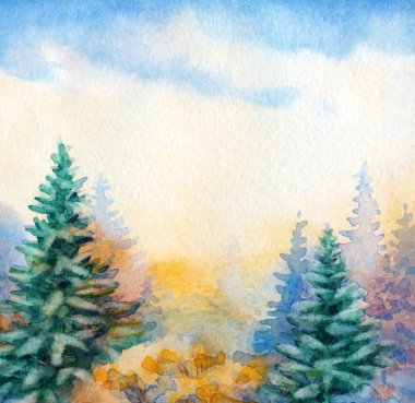 Parlak el, karton resimli arkaplanda cennetteki metin alanının üzerine suluboya manzaralı çizimler yaptı. Sessiz kış zamanı mavi renkli gün batımı sanatçısı sahnesi. Beyaz sakin buzlu Xmas Huş Tepesi Vadisi