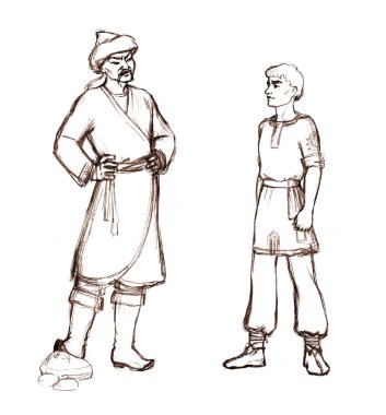 Ciddi, genç, doğulu bir çocuk, tehlikeli bir yetişkinin koluna karşı. Kazanan, savaş, savaş, savaş, savaş, savaş, savaş, kahramanları, gökyüzü. El çizimi 2 şövalye stres sorunu saldırı konsepti geçmişe dönük çizim tarzı sembol