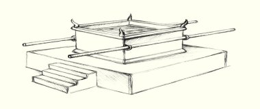 Azize Kral erkek öküz boynuzu boynuzlu hayvan beyaz taş basamaklar bakır beyaz duman gökyüzü. El yapımı gelenek, Yahudi Torah Law St. David Pagan kabile idolü ayini eskiz eskizi, eski çizgi film çizimi, sanat tarzı.