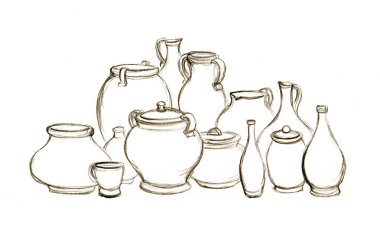 Yakın çekim İncil grubu bir sürü boş kırsal şarap şişesi bardak seti. Kırsal toprak yiyeceği, çamur sütü kavanozu, el işi, İncil 'de geçen sanatçının yetenek sembolü, hatıra ürünü.