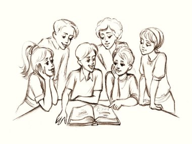 Cute happy joy smile guy baby son sit care rest relax room home. Black pencil line hand drawn man parent fun teen speak class table desk look open old retro faith tale story cartoon art wisdom symbol