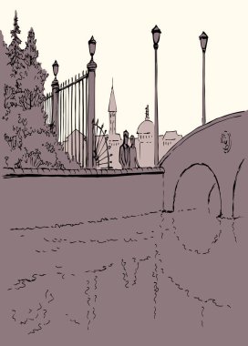 Elle çizilmiş iki üzgün arkadaş turist deniz manzaralı eskiz sanatı görüyor. Sakin ol, delikanlı. Neşelen. Evli bir kadınla tanış. Eski antika şehir çiti lambası.