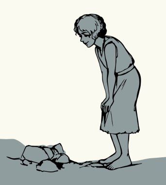 Çizgili kalem çizili neşeli erkek çocuk sessizce yürü yaylı pruvadan uzaklaş beyaz incilsel sanat tarzında çizgi film ara. Eski İncil giysisi şirin genç bayan gençlik yüzü düşündürüyor aşk işareti ikonu