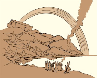 Kutsal insan ailesi erkek çocuğu, taş okyanusu, kuru kayalık tepe tarlası, beyaz gökyüzü, duman bulutu manzarası. El çizimi sanat eskizi. Çizgi film işareti. Hayat kurtarır.