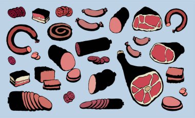 Yağsız domuz yağı, domuz budu, pirzola, bıçak, aperatif, beyaz arka plan. Kırmızı çizgi çizili natur buğulama kuzu eti sosis sosis, pirzola dükkânı öğle yemeği menüsü simge retro resim tasarımı tasarımı