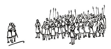 Geriye dönük erkek güçlü zırhlı zırhlı muhafız büyük kollu asker insan kalabalığı Canaan arazi sahnesi. Ortadoğu siyah eli çizilmiş yahudi Tanrı 'ya yalvaran çocuk kampı İslami Müslüman karikatür çizimi