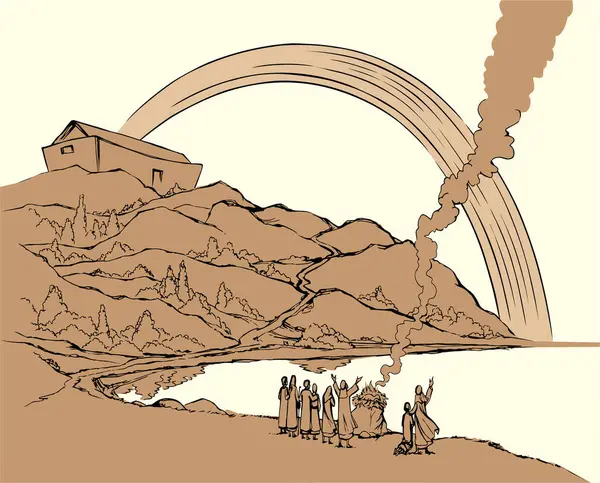 Kutsal insan ailesi erkek çocuğu, taş okyanusu, kuru kayalık tepe tarlası, beyaz gökyüzü, duman bulutu manzarası. El çizimi sanat eskizi. Çizgi film işareti. Hayat kurtarır.