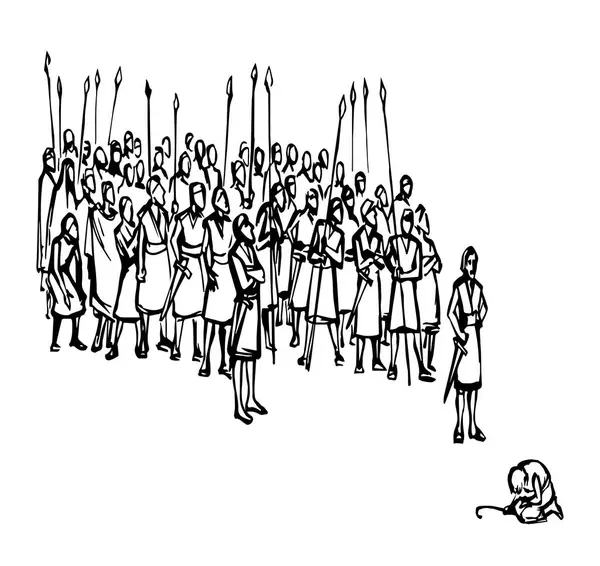 Retro yaşlı erkek güçlü zırhlı muhafız birliği insan kalabalığı Canaan arazi sahnesine düştü. Doğu siyah eli çizilmiş yahudi esir kampı. Hikayeyi İslam karikatürü çizimi kazandı.