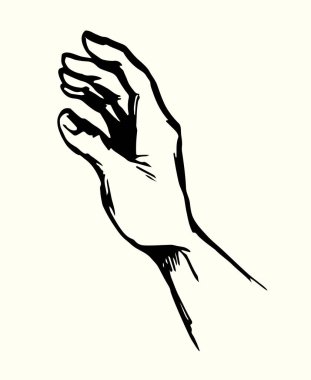 Kapalı görüş genç bayan açık beden bilek Tanrı 'ya yalvarmak indeks bakım yardımcı metin alanı. Ana hatları siyah mürekkep çizili. Yakalama teklifi. Fikir amblemi konsepti, antika antika sanat karalama tarzı.