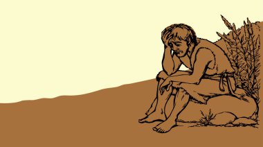 İncil çocuk köle işçi. Ortadoğu yırtık giysileri, hasta ruhlu, sarhoş, günahkar, kederli, kederli, kederli, gözyaşı döken, yalvaran, inançlı, eski, İncil 'e ait sanat eskizi.