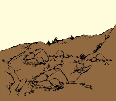 Eski sert uçurum kayalığı beyaz metin alanı ana hatları siyah el çizimi klasik karalama sanat sahnesi. Manzaralı bahar manzarası kuru bitkisel bitki çalılığı flora deniz suyu gölü Arap kıyısı havası