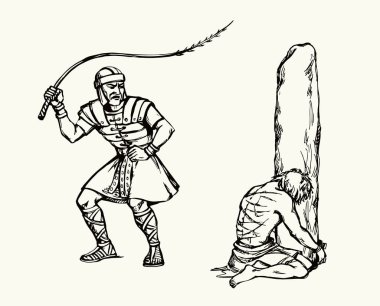 Şehit Tanrısı Cuma Halka açık cezaevi yasası öfke zinciri halat zinciri pençe beyaz gökyüzü sahnesini döverek el yapımı alet tutuklaması! Paul kızgın Corpor Death Stone sütununu eski Roma dönemi sanat eskizini mahkum etti