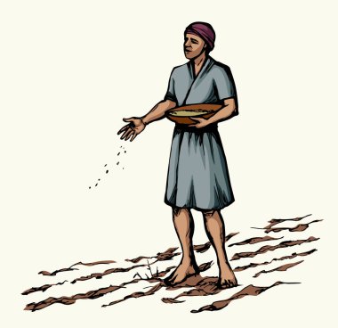 Kirli yetişkin erkek tohum ekme ayağa kalkıyor. Tillag beyaz gökyüzü. Siyah çizgi. Kız kıza çizilmiş. Mısır gevreği kolları.