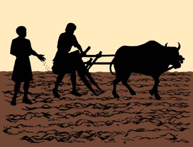 Elle çizilmiş erkek karabao sığır hayvan hayvan çukur kazma işi hasat işçiliği. Tarihi köy öncesi tarlaları kapayın. Ahşap işleme kültürü ikonu. Tarihi simge.