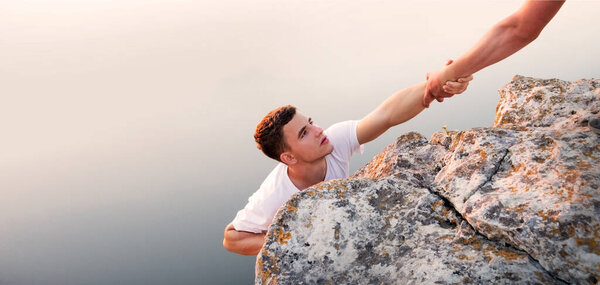 Close up 2 risky young alpinist job leader guy unity arm care try rise trust god hope lake sea river. Hang woman ask aid life fall crisis raise effort win reach hill top peak overcom abyss gap sky sun