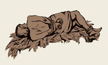 Bakış açısının gerisinde eski stres yetişkin kısıtlı sicim yatar kol. Siyah çizgi, şeytani saldırı, yasadışı satın alma, ticari suçluluk duygusunu engelleme, konsept ikon işareti. Retro beyaz sanat çizgi film tarzı