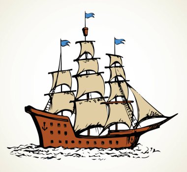 Beyaz gökyüzünde izole edilmiş ahşap uzun çizgi dalga korsan yelken balığı kadırgası resmi. Taslak siyah mürekkep çizili logo amblem resim tasarımı. Kağıt metin alanı üzerinde sanat retro doodle tarzı kalem