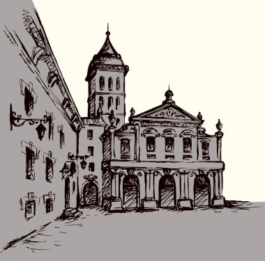 Şehir merkezinde yaşlanmış romantik bir yaz yeri. Büyük çizgi ortaçağ ön kapı manzarası. Eskimiş karikatür karikatür karalama gravür stiliyle çizilmiş siyah bir el resmi. Beyaz gökyüzü arkaplanındaki kağıt metin alanı