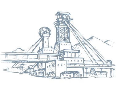 Eski büyük demir madenleri, beyaz gökyüzünde rafine edilmiş kazı fabrikası çalışmaları. Siyah çizgili el ağır kömür karbon ham dizel tank servis simgesi metin taslağını retro yüksek sanat karikatürü olarak çizdi