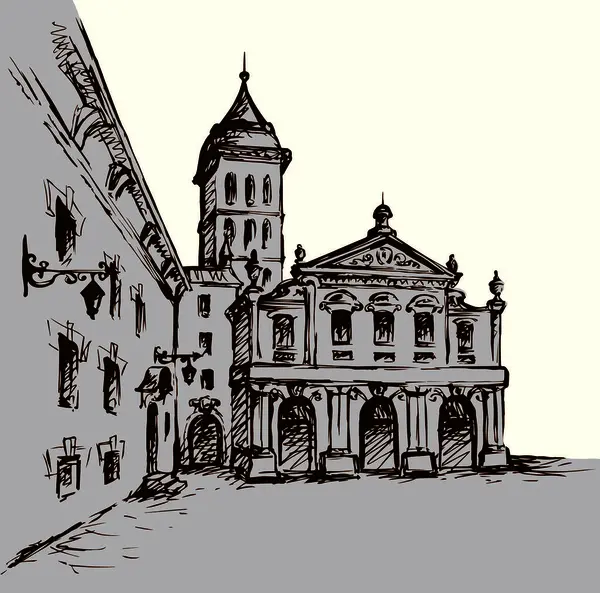 Şehir merkezinde yaşlanmış romantik bir yaz yeri. Büyük çizgi ortaçağ ön kapı manzarası. Eskimiş karikatür karikatür karalama gravür stiliyle çizilmiş siyah bir el resmi. Beyaz gökyüzü arkaplanındaki kağıt metin alanı