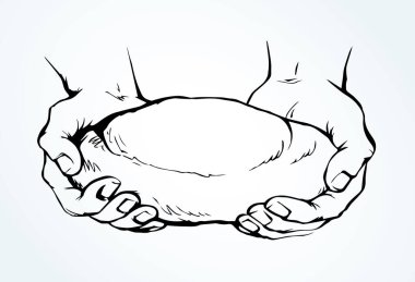 Tatlı, hafif, beyaz arpa rulo hamur, çocuk şefe yalvardı. Kalem çizilmiş eski erkek tanrı İsa kol inancı çavdar diyeti ikonu tabela logo kavramı eski İncil sanatı