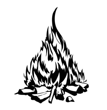 Kapalı eski parlak ışık kırmızı sıcak kömür kömürü sıcak kül taşı orman manzarası açık beyaz gökyüzü metin alanı. Çizgi koyu siyah mürekkep kalem eli çizilmiş eko yemek yaşam logosu kavramı antik Yahudi tanrı sanat stili