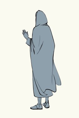 Baş haham, baş öğretmen Peter, beyaz insan tanrısı inanç hikayesi sanatı hakkında vaaz veriyor. Orta Doğu Asyalı bornoz giysisi kadın bedevi kız Mary eli arkadan çekilmiş kol arkasına bak kurşun kurşun gibi ağla