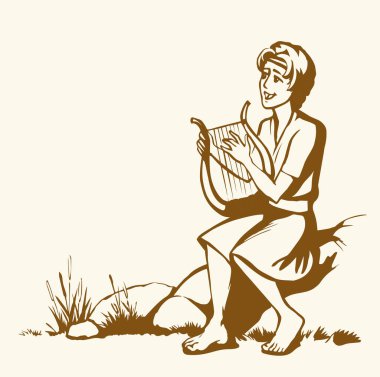 Genç Yahudi hobi erkek çocuk, parmak akoru, Lira Lute notası, dua et de eski moda robot resim çizimi tarzında çizilsin. İsrailli Lord Musevi kız halk sanatları sanatçısı Kral Saul beyaz gökyüzü