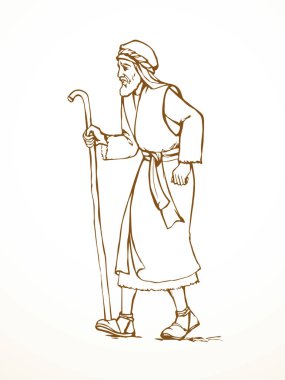 Yetişkin bilge, orta yaşlı erkek Yahudi, beyaz bornoz, baston görünümlü İsrail elbisesi giyer. El çizimi siyah retro müslüman uae uae hindi çöl adam Paul dua Tanrı İsa Mesih inancı yol inanış İslam sanat yolu