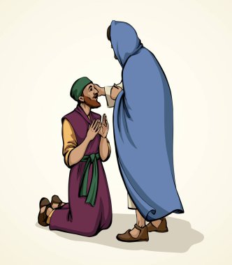 Yakından kutsal aziz çağı yahudi kutsal mesih Tanrı yargıcı kafa kafaya ver umut dile aşk için yalvar hastalıklı kulakları tedavi et beyaz yaşam sahnesi. Çizgi siyahı kilise gospel hikayesi Katolik sanat eskizi