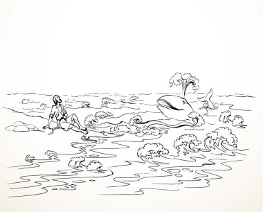 Old lone 1 jew male guy hope save life swim wild giant big marine beast open jaw mouth help israel human alive symbol. Retro pray jewish god biblic miracl story cartoon hand drawn sketch art white sky