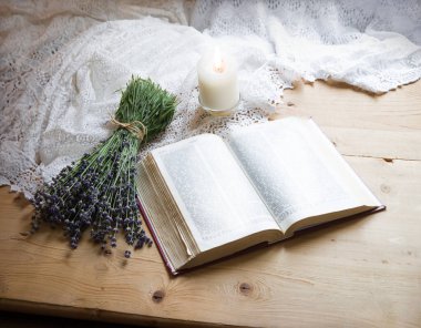 Yakın plan aşk mektubu lambası. Kuru bahar bitkisi dekor masası afişi. Kutsal Yahudi bilgeliği sanat taze çiçek çiçeği mor tomurcuk yaprağı yakın tepe noktası hala hayat dolu kart