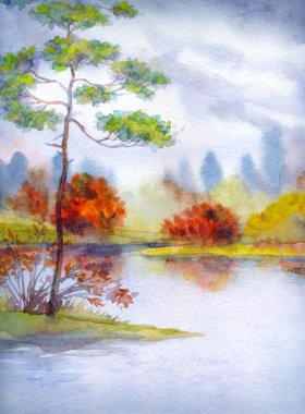 Alacakaranlık Yortusu Sahnesi Kağıt Arkaplan El Hafif Boya Çizimi Bulutlu, sakin, sisli, yağmurlu, taze çim tarlası Köknar Ağaç Deresi Çalı Çalı Koy Manzarası