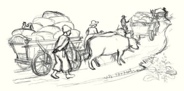 Zavallı adam, tramvay, telga, buğday hasadı, balya torbası tüccarı. El çizimi sanatçısı çocuk yürü yürü git boynuzlu boğa çek kırsal öküz çek kirli Asya kır çimleri doğası beyaz gökyüzü manzarası