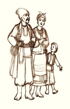 Retro festivali, doğu çifti, arkadaş suratı. Yaşı geçmiş adam. Şapka giysisi, kemer ayakkabı pazarı sahnesi. Elle çizilmiş kalem tebeşiri genç bayan el ele tutuşmuş peçe şalı Avrupa Asya sokak sanatları tarzında